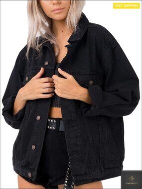 Oversized Denim Jacket Vintage Loose Fit Button Front Patch Pockets Y2K